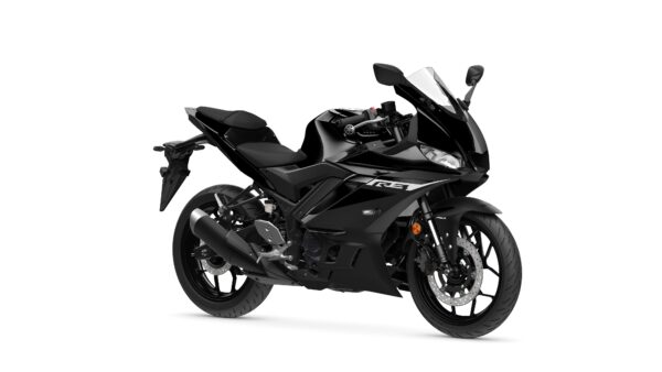 A sleek black motorcycle with a sporty design, featuring a low seat, fairing, and a prominent front windshield, angled to the right on a white background.