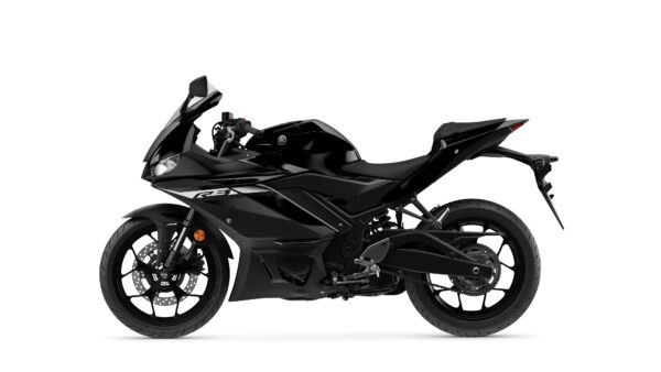 A sleek black sport motorcycle with a streamlined design, featuring a low seat, angled fairings, and sporty wheels, shown from a side angle.