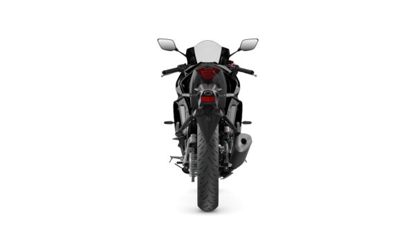 A sleek black motorcycle viewed from the rear, showcasing its tail light, exhaust, and rear tire on a white background.
