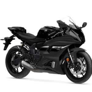 Yamaha 2024 R7 A sleek black motorcycle with a modern design, featuring sporty fairings, a prominent front fairing, and dual exhaust pipes, positioned at an angle against a white background.