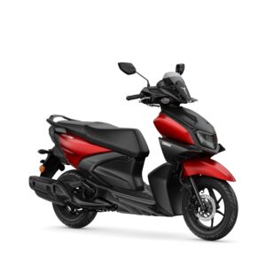 Yamaha 2024 Rayzr A sleek black and red scooter positioned at an angle, showcasing its modern design and features, including a prominent front fairing, headlight, and sporty wheels.