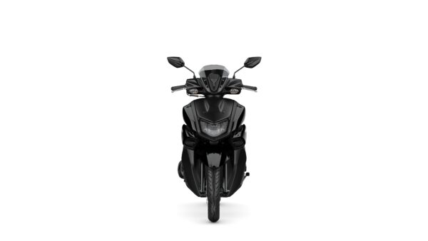 A black scooter viewed from the front, highlighting its sleek design, dual headlights, rearview mirrors, and a prominent front fender.