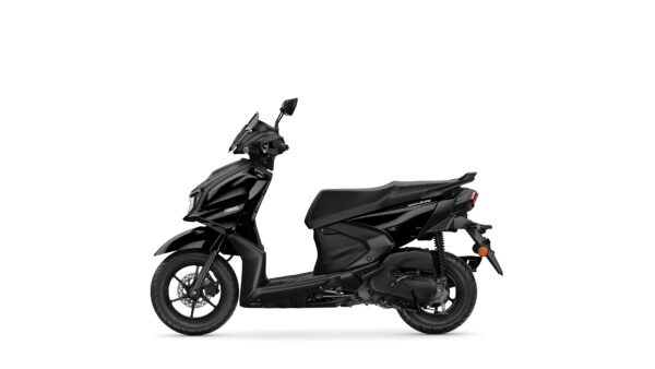 A sleek, black Yamaha scooter is shown from the side, featuring a modern design with a prominent front shield, spacious seat, and sturdy wheels.