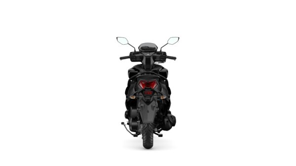 A black scooter viewed from the rear, featuring a sleek design, visible tail lights, and rear tire.