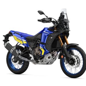 Yamaha 2024 Ténéré 700 World Raid A blue and yellow adventure motorcycle with knobby tires, a tall windshield, and a prominent front headlight, positioned on a white background.