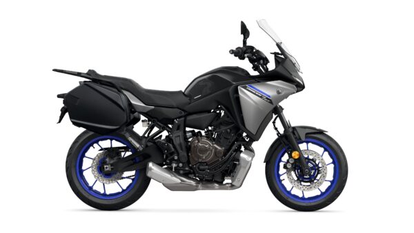 A sleek, modern motorcycle with a silver and black design, featuring blue accents on the wheels and a side luggage compartment.