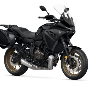 Yamaha 2024 Tracer 7 GT A black Yamaha motorcycle with gold rims, a transparent windscreen, and a side luggage compartment, displayed on a white background.