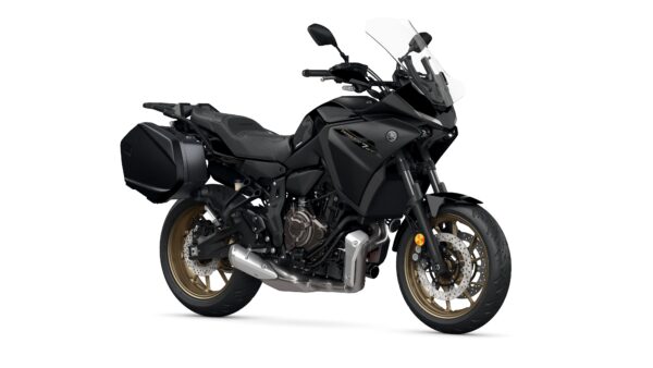 Yamaha 2024 Tracer 7 GT A black Yamaha motorcycle with gold rims, a transparent windscreen, and a side luggage compartment, displayed on a white background.