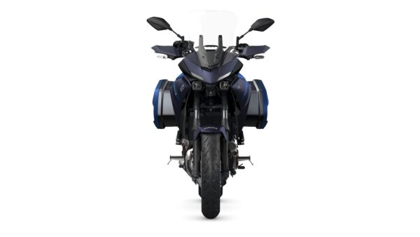 Front view of a Yamaha motorcycle with a sleek design, equipped with side panniers and dual headlights.