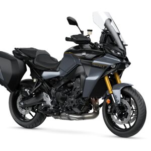 Yamaha 2024 Tracer 9 GT+ A sleek, gray adventure motorcycle with a prominent windshield, gold suspension, and saddlebags, positioned on a white background.