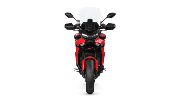Front view of a red motorcycle with a black windshield, handlebars, and a prominent tire, set against a white background.