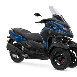 Yamaha 2024 Tricity 300A blue and black three-wheeled scooter with a windshield, sleek design, and dual front wheels, positioned against a white background.
