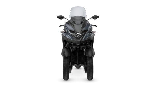 A sleek, modern three-wheeled motorcycle facing forward, featuring a dark metallic body and a clear windscreen.