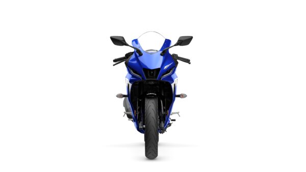 Front view of a blue motorcycle with an aerodynamic design, featuring sharp headlights and a prominent front tire.