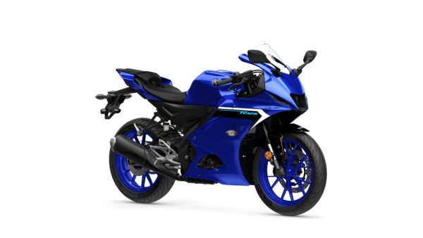 Yamaha 2025 R125 A blue sport motorcycle positioned at a slight angle, showcasing its aerodynamic design, front fairing, and sporty wheels.