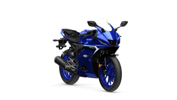 A blue Yamaha R125 motorcycle featuring a sporty design, positioned at an angle to showcase its sleek lines and modern aesthetic.