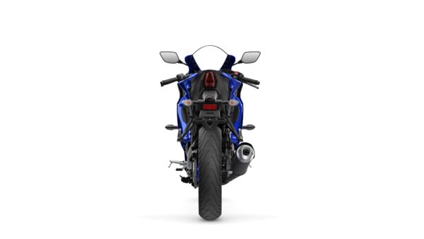 Rear view of a blue sports motorcycle, showcasing its slim profile, dual exhaust, and distinctive taillight design against a white background.