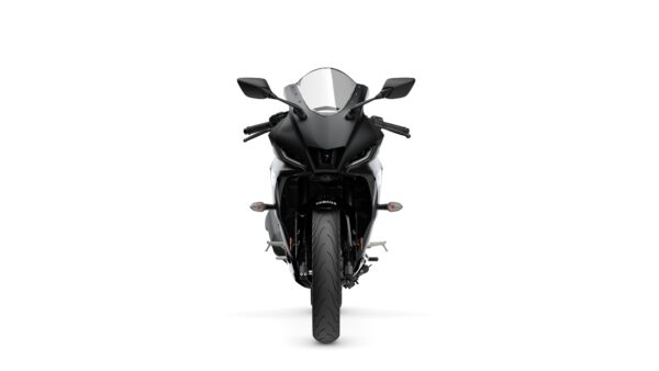 Front view of a sleek, modern black and silver sports motorcycle with pronounced headlights and aerodynamic design elements, set against a white background.