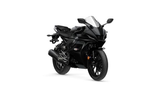A sleek, black sports motorcycle positioned at an angle, showcasing its aerodynamic design, front fairing, and intricate detailing on the wheels and exhaust.