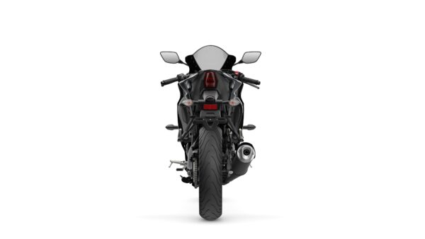 A sleek black motorcycle viewed from the rear, showcasing its dual exhaust, tail lights, and sporty design against a white background.