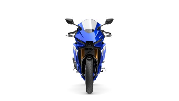 Front view of a blue Yamaha sports motorcycle with a sleek design, featuring a prominent windshield and visible branding.