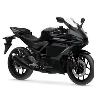 Yamaha 2025 R3 A sleek black Yamaha YZF-R3 motorcycle positioned at an angle, showcasing its aerodynamic design, front fairing, and sport-style frame.