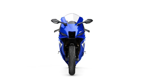 Front view of a blue sports motorcycle with sleek design, showing prominent headlights and a large front tire against a white background.