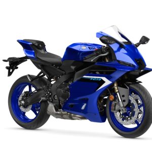 Yamaha 2025 R9 A sleek blue sports motorcycle with aerodynamic design features, positioned at an angle to showcase its profile, tires, and dual exhaust system.