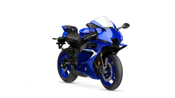 A blue sport motorcycle with a sleek design, featuring a prominent front fairing, dual headlights, and sporty seating, positioned at a slight angle to showcase its aerodynamic shape.