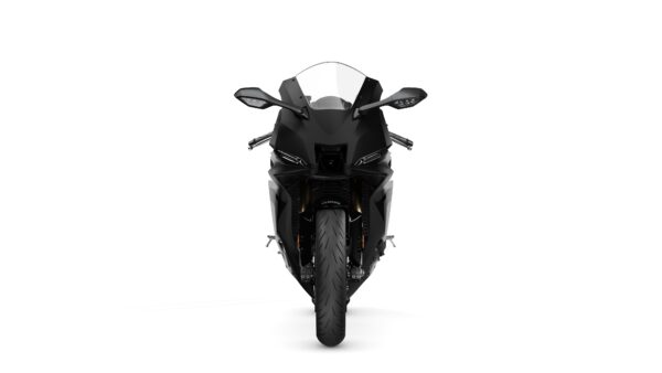 A sleek black sport motorcycle viewed head-on, showcasing its aerodynamic design, prominent front wheel, and integrated lighting features against a white background.
