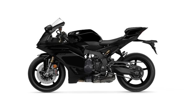 A sleek black sports motorcycle viewed from the side, showcasing its aerodynamic design, sharp lines, and detailed components including the front wheel, suspension, and engine.