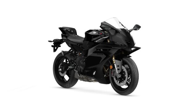 A sleek black sports motorcycle displayed at an angle, showcasing its aerodynamic design, front fairing, and detailed wheels.