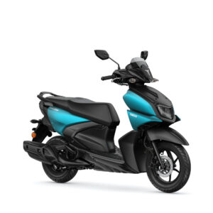 Yamaha 2025 Rayzr A sleek Yamaha scooter in a two-tone design featuring black and turquoise colors, positioned at a slight angle to showcase its modern aesthetic and features.