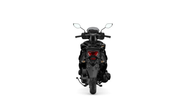A black scooter viewed from the rear, featuring a sleek design, prominent headlights, and a modern dashboard with handlebars.