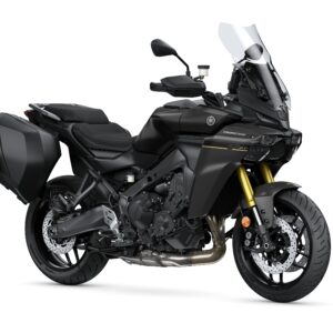 Yamaha 2025 TRACER 9 GT A black Yamaha Tracer 9 GT motorcycle with a sporty design, featuring a tall windscreen, saddlebags, and gold front forks, positioned at a slight angle against a white background.
