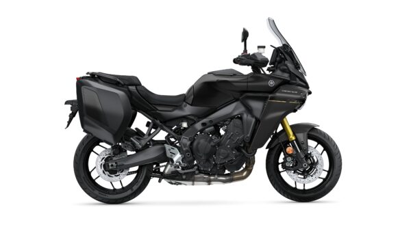 Yamaha Tracer 9 GT motorcycle in sleek black, featuring a modern design, touring capabilities, and side panniers for storage.
