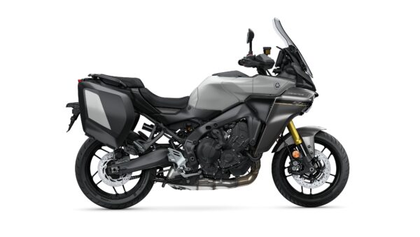 A sleek gray Yamaha motorcycle, featuring a sporty design, adjustable windshield, and side panniers for storage. The bike showcases a powerful engine and modern styling, positioned against a white background.