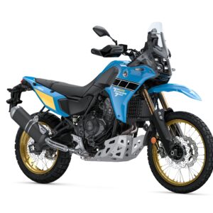 Yamaha Ténéré 700 Rally A blue and black adventure motorcycle with gold rims and off-road tires, featuring a robust frame, dual-sport styling, and a large windscreen, positioned at an angle.