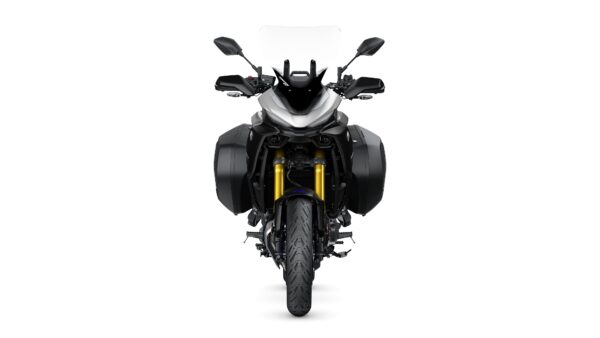 Front view of a modern motorcycle with a sleek design, featuring a silver body, black side panniers, and gold front suspension forks. The motorcycle has a windscreen and dual mirrors, set against a white background.