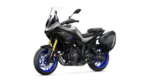 A sleek, modern motorcycle with a gray body, blue wheels, and a spacious black luggage compartment on the rear, positioned on a white background.