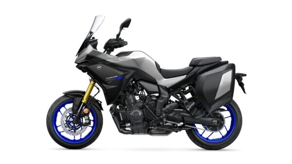 A sleek, modern motorcycle in gray and black with bold blue accents, featuring a streamlined design, side luggage, and a prominent windscreen, positioned against a white background.
