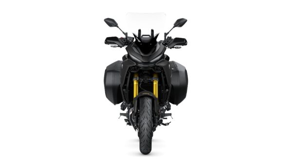Front view of a black motorcycle with a transparent windshield, dual side bags, and prominent gold front forks, set against a white background.