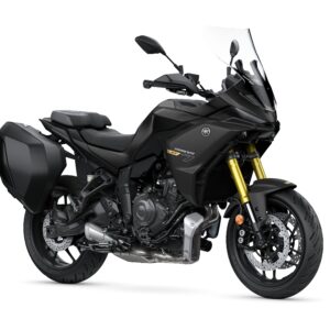 Yamaha 2025 Tracer 7 GT A sleek black touring motorcycle with a windscreen, gold front forks, and side panniers, displayed at an angle to highlight its design features.