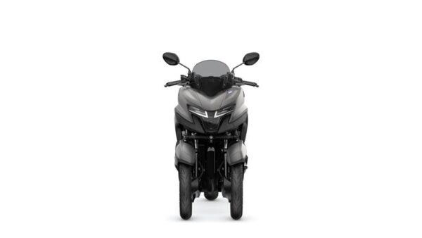 A front view of a sleek, modern three-wheeled motorcycle in a light gray color with a streamlined design and dual headlights.