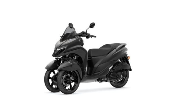 A sleek black three-wheeled scooter with a modern design, featuring a windshield and sporty accents, positioned on a white background.