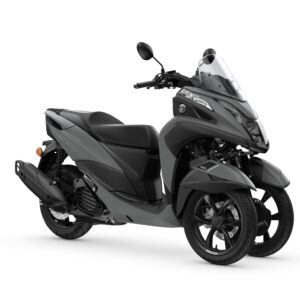 Yamaha 2024 Tricity 125 A sleek gray three-wheeled scooter with a modern design, featuring a streamlined body, a windshield, and a comfortable seat.