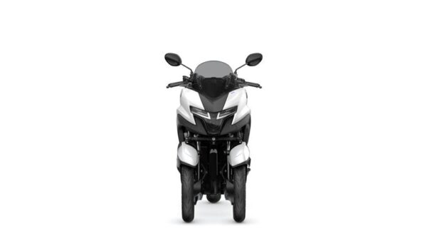 A front view of a sleek, modern three-wheeled motorcycle with a predominantly white exterior and a streamlined design.