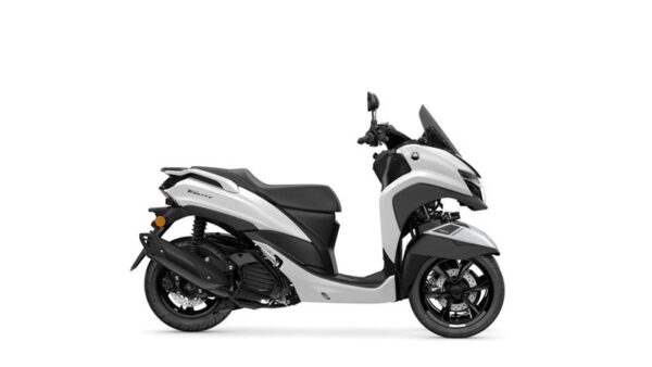 A sleek, modern white and black scooter parked on a plain background.