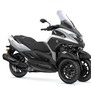Yamaha 2025 Tricity 300 A sleek, modern two-wheeled scooter featuring a stylish silver and black design, showcasing a windshield, comfortable seat, and distinctive dual front wheels.