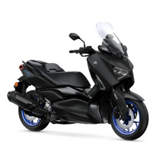 Yamaha 2025 XMAX 300 Yamaha 2025 XMAX 300 A sleek black Yamaha XMAX scooter with blue accents and a transparent windscreen, positioned at an angle to showcase its design.